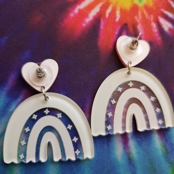 HANDMADE Plastic Acrylic Yellow Pink Orange Heart Boho Rainbow Earrings - Picture 5 of 8